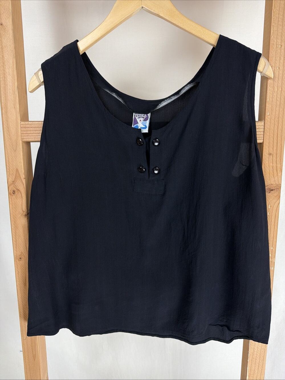 Vintage Y2K Yessica Black Scoop Neck Button Details Silk Tank #1027 Size 44 XL